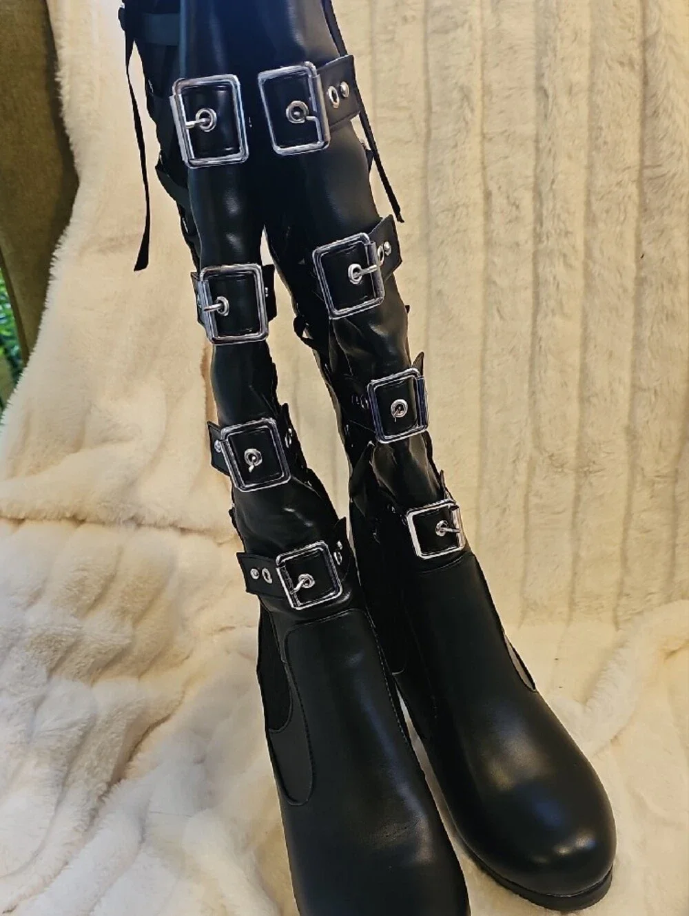 Black Knee High Lace-Up Heeled Boots with Buckle Straps
